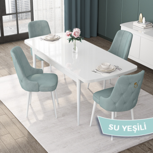 Vesta Serisi, Açılabilir Beyaz MDF Mutfak Masa Takımı 80x132 4 Sandalyeli Gold Halkalı - Görsel 10