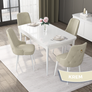 Vesta Serisi, Açılabilir Beyaz MDF Mutfak Masa Takımı 80x132 4 Sandalyeli Gold Halkalı - Görsel 6