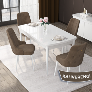 Vesta Serisi, Açılabilir Beyaz MDF Mutfak Masa Takımı 80x132 4 Sandalyeli Gold Halkalı - Görsel 19