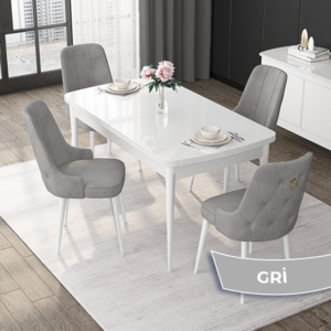 Vesta Serisi, Açılabilir Beyaz MDF Mutfak Masa Takımı 80x132 4 Sandalyeli Gold Halkalı - Görsel 18