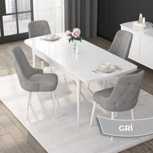 Vesta Serisi, Açılabilir Beyaz MDF Mutfak Masa Takımı 80x132 4 Sandalyeli Gold Halkalı - Görsel 17