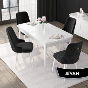 Vesta Serisi, Açılabilir Beyaz MDF Mutfak Masa Takımı 80x132 4 Sandalyeli Gold Halkalı