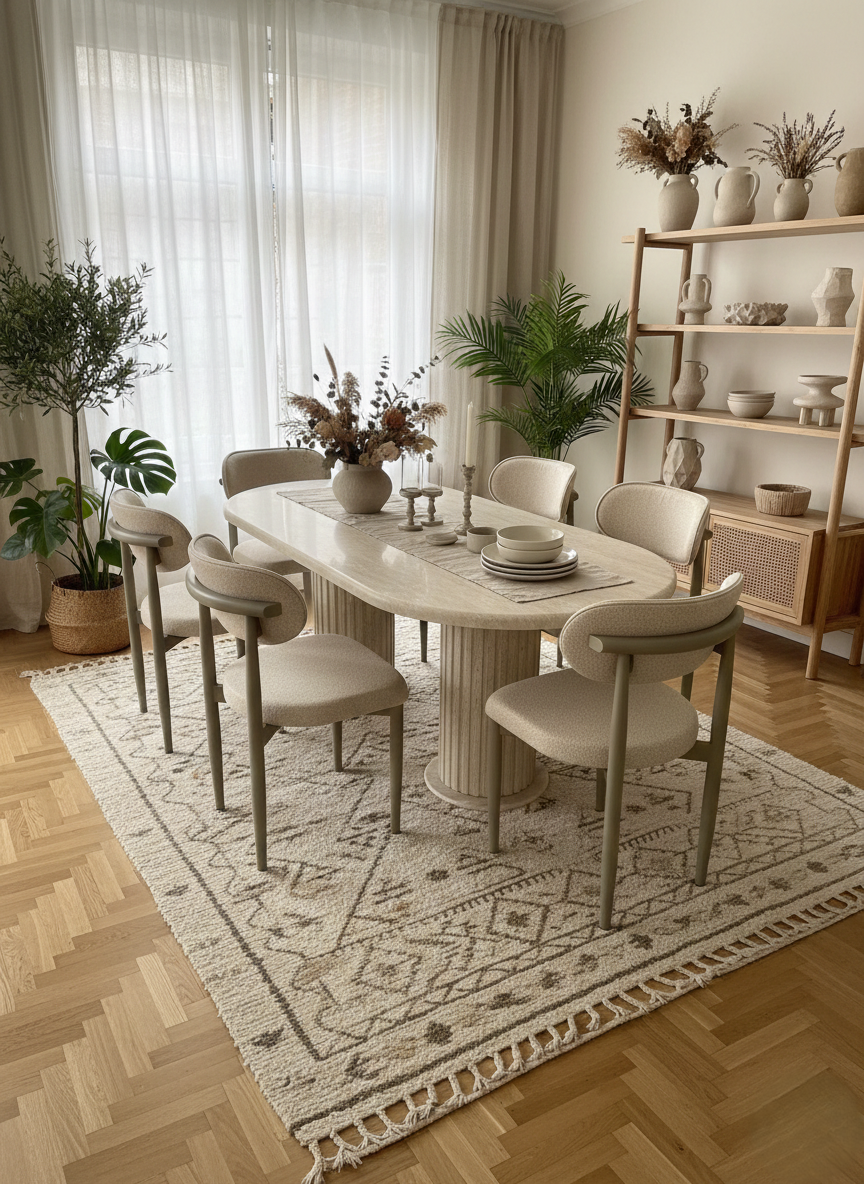 AURA BOHEM MASA TAKIMI 90X170 MDF TRAVERTEN MASA VE 6 ADET POLO SANDALYE