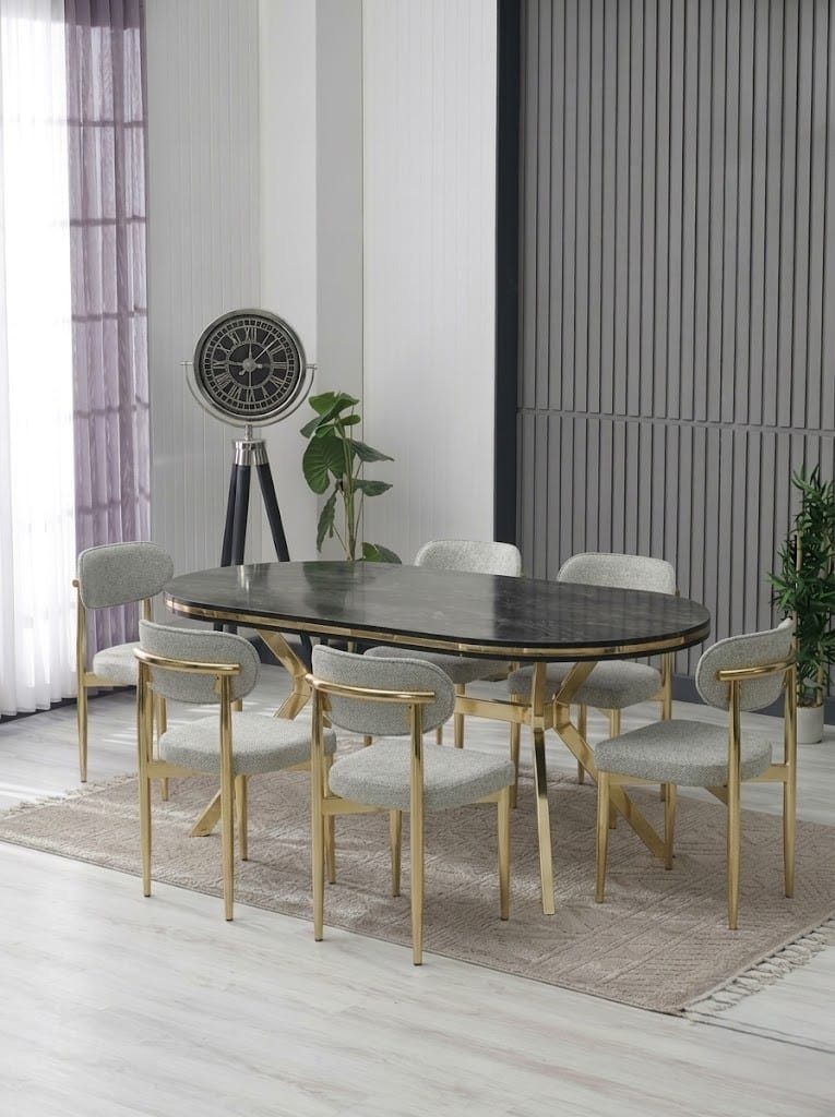 ARYA LAKPANEL YEMEK MASA TAKIMI / SİYAH GOLD MASA-GRİ SANDALYE