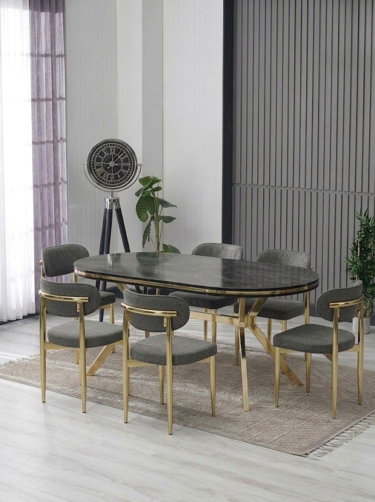 ARYA LAKPANEL YEMEK MASA TAKIMI / SİYAH GOLD MASA-ANTRASİT SANDALYE