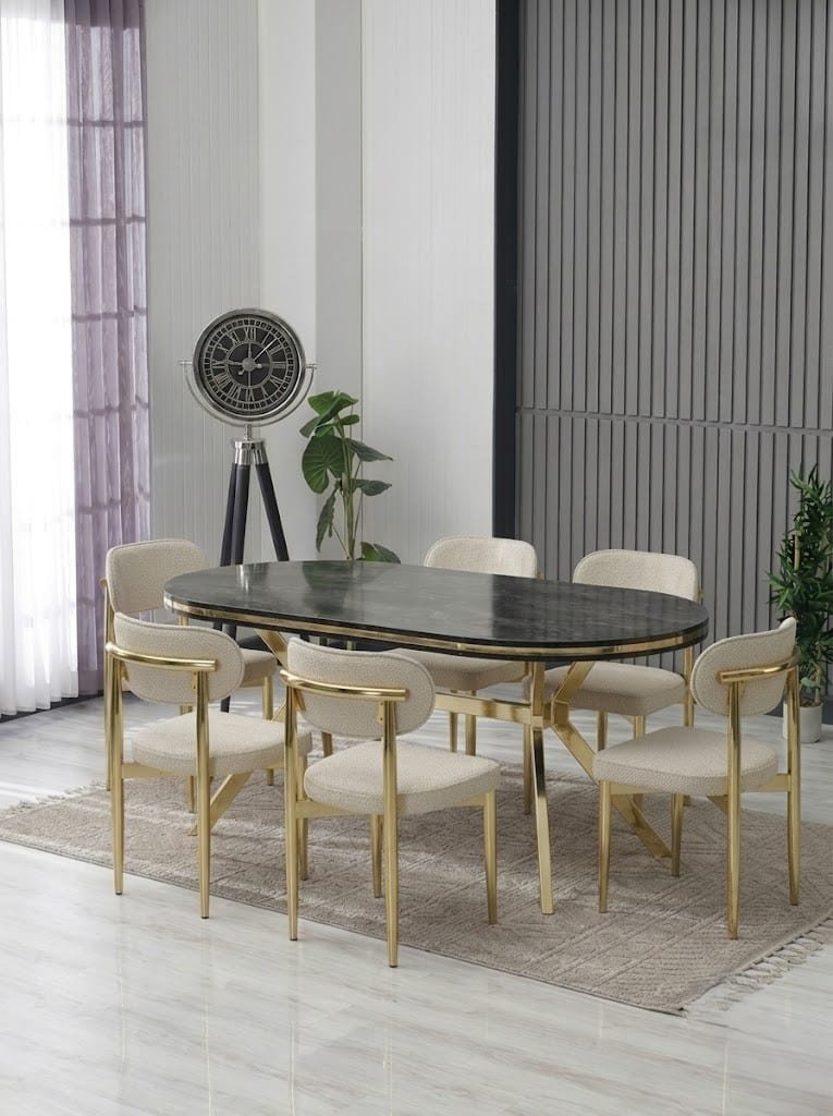 ARYA LAKPANEL YEMEK MASA TAKIMI / SİYAH GOLD MASA-KREM SANDALYE