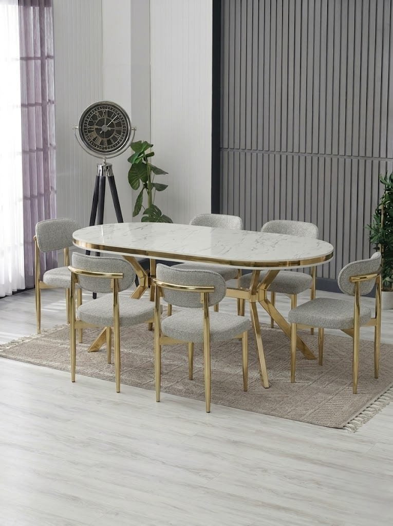 ARYA LAKPANEL YEMEK MASASI TAKIMI / BEYAZ GOLD MASA - GRİ SANDALYE