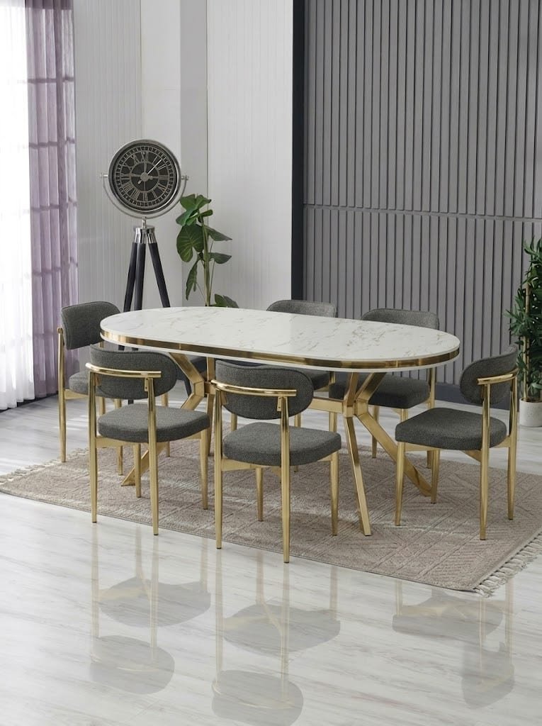 ARYA LAKPANEL YEMEK MASASI TAKIMI / BEYAZ GOLD MASA - ANTRASİT SANDALYE