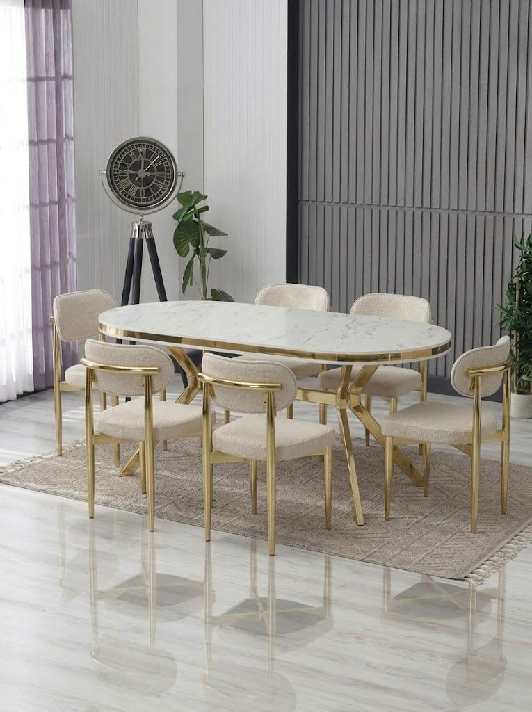 ARYA LAKPANEL YEMEK MASASI TAKIMI / BEYAZ GOLD MASA - KREM SANDALYE