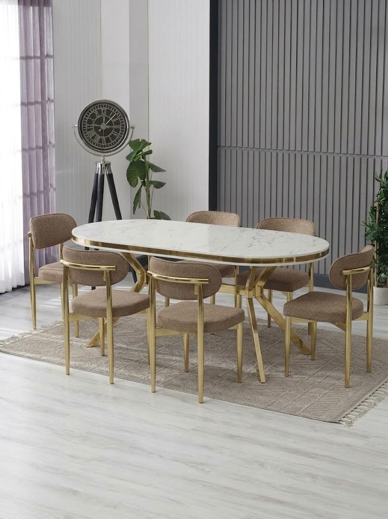 ARYA LAKPANEL YEMEK MASASI TAKIMI / BEYAZ GOLD MASA - KAHVE SANDALYE