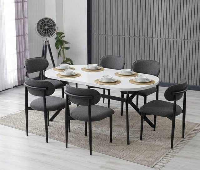 Luna Serisi 90x170 Beyaz Mdf Masa - 6 Adet Polo Sandalye, Antrasit Puffy Kumaş
