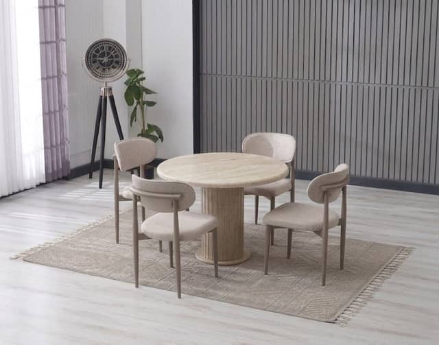 Lina Serisi 90x90 Traverten Mebran Mdf Masa - 4 Adet Polo Sandalye, Krem Puffy Kumaş