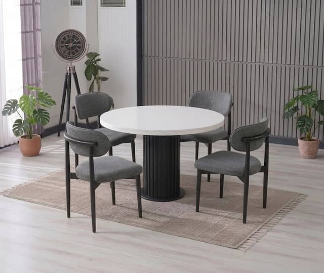 Lina Serisi 90x90 Beyaz/Siyah Mdf Masa - 4 Adet Polo Sandalye, Antrasit Puffy Kumaş