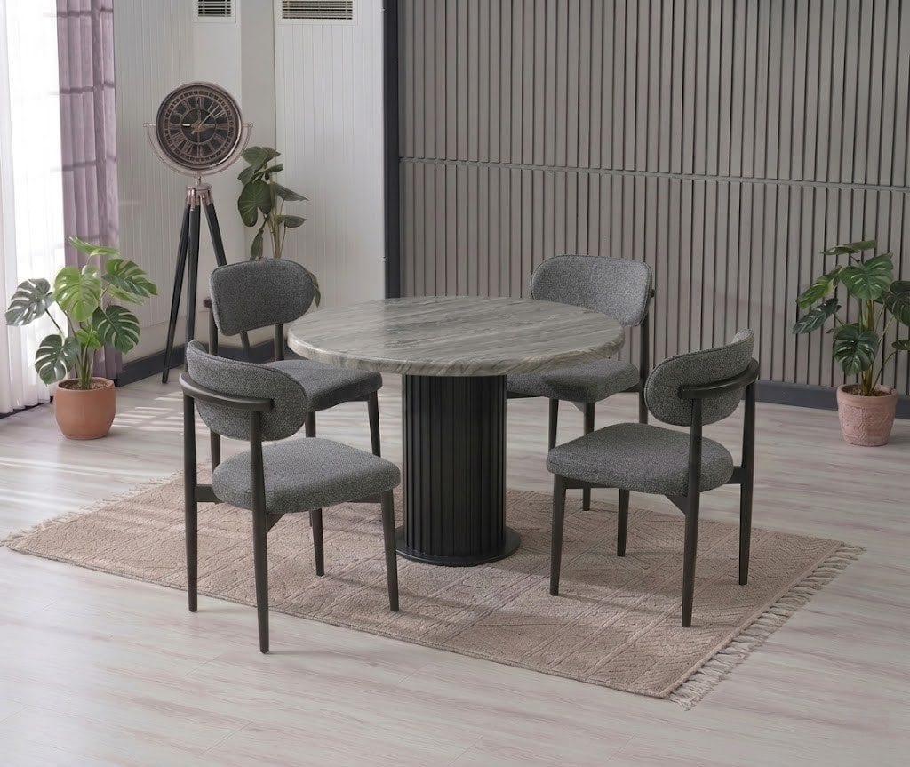 Lina Serisi 90x90 Gri Mebran Mdf Masa - 4 Adet Polo Sandalye, Antrasit Puffy Kumaş
