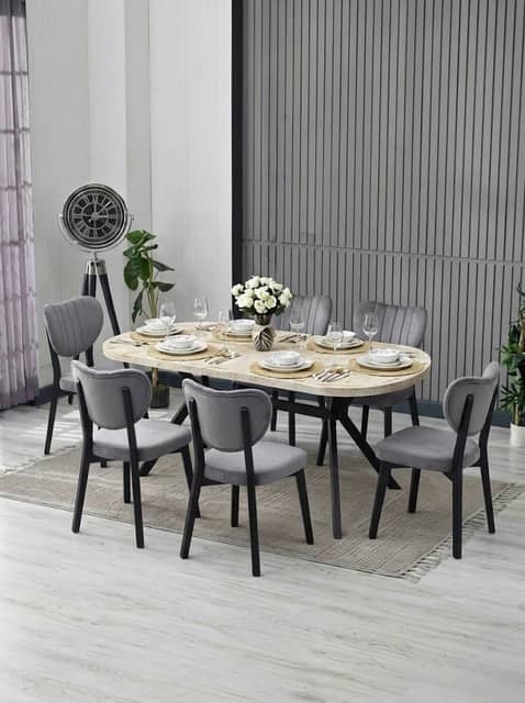Nova Serisi 90x170 Traverten Mdf Masa - 6 Adet Polo Sandalye, Gri Puffy Kumaş
