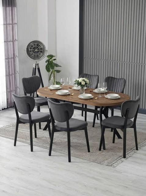 Nova Serisi 90x170 Barok Mdf Masa - 6 Adet Polo Sandalye, Antrasit Puffy Kumaş