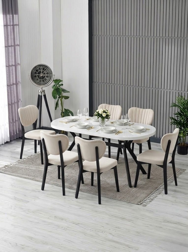 Nova Serisi 90x170 Beyaz Mdf Masa - 6 Adet Polo Sandalye, Krem Puffy Kumaş