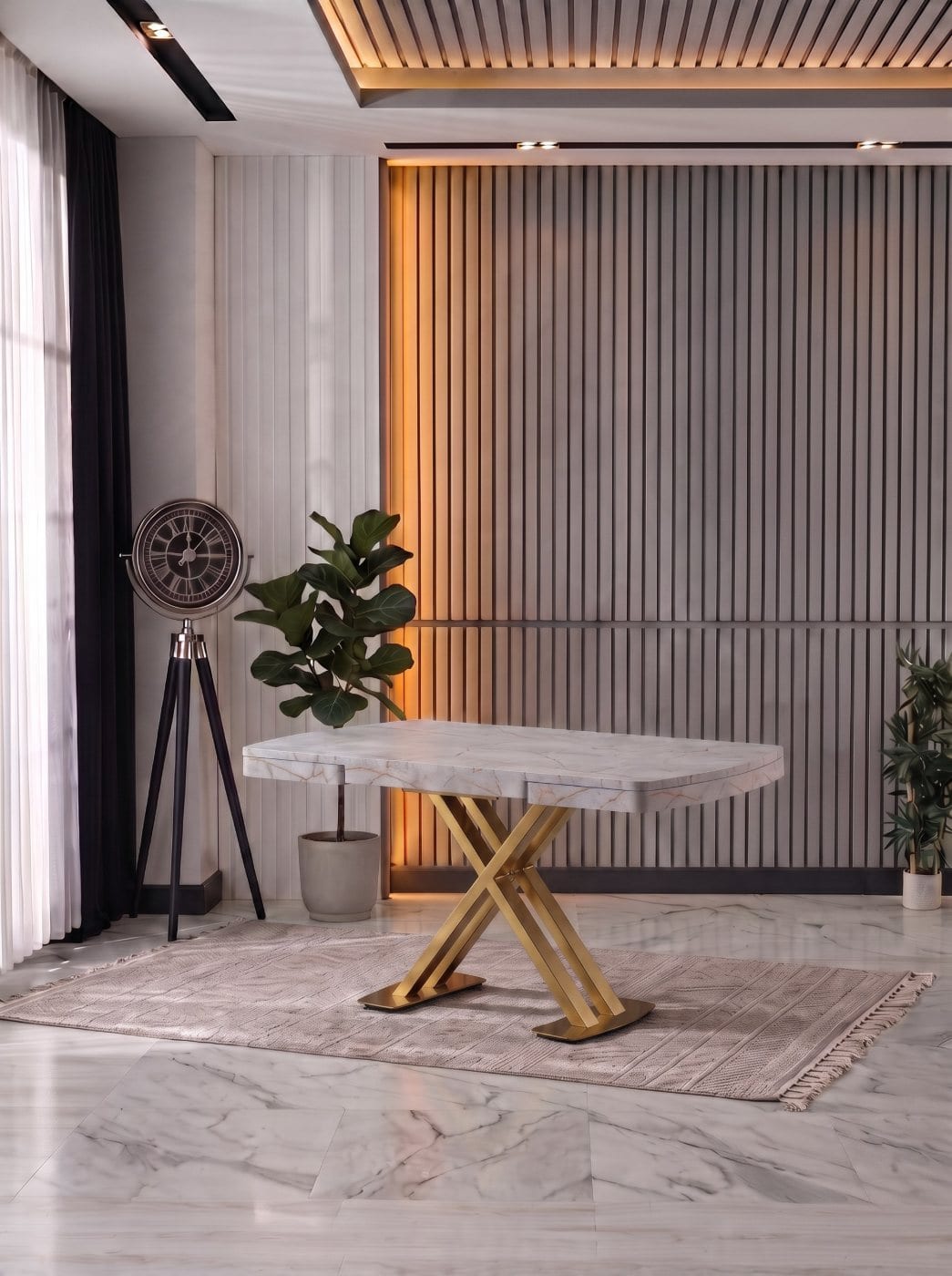 X Mdf Masa 70x110 / 70x160 (Gri Mermer-Gold)