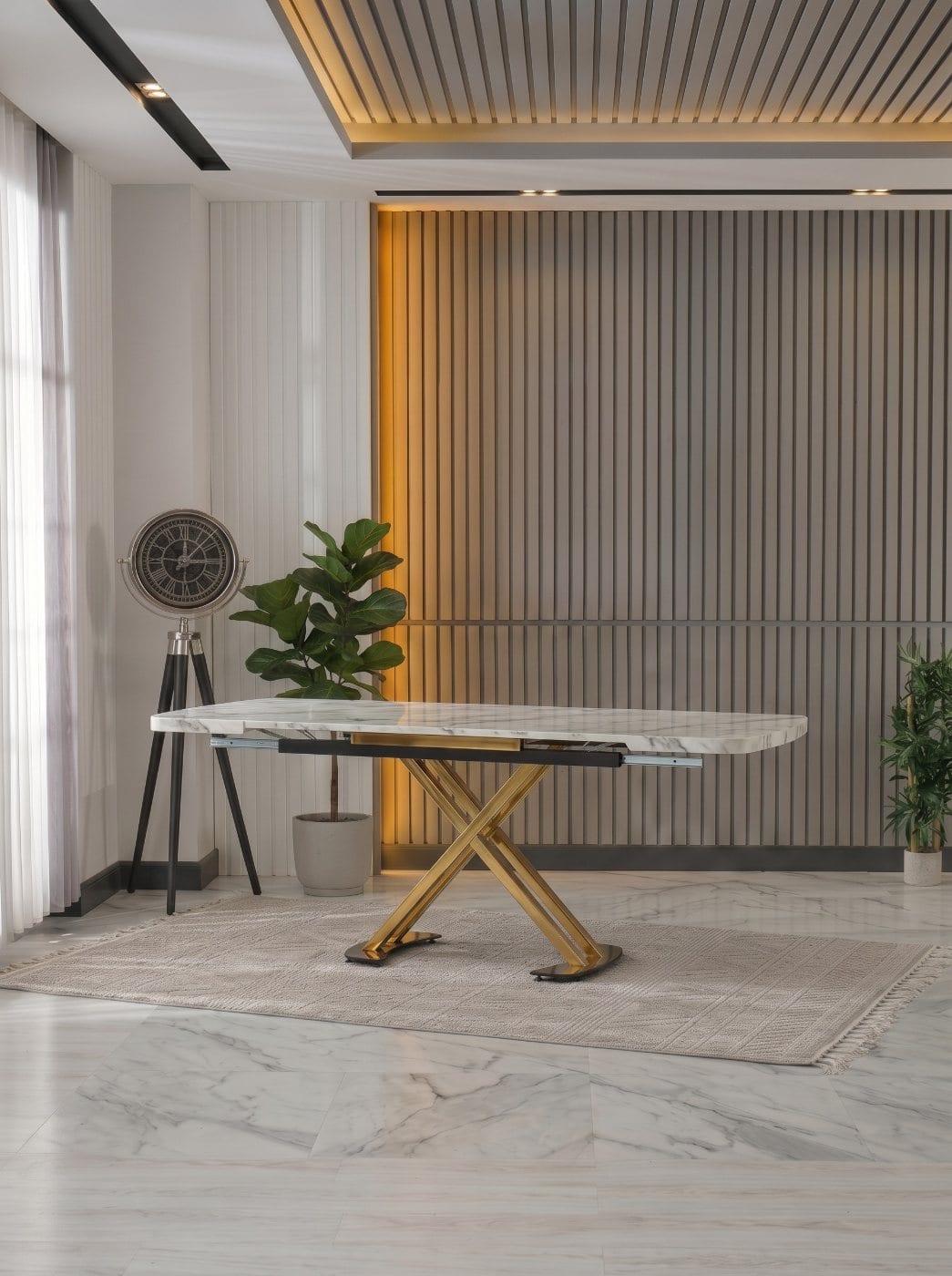 X Mdf Masa 70x110 / 70x160 (Gri Mermer-Gold) - Görsel 3