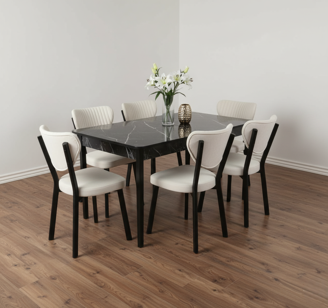80X130 AÇILABİLİR KELEBEK MASA VE 6 ADET ELMA SANDALYE
